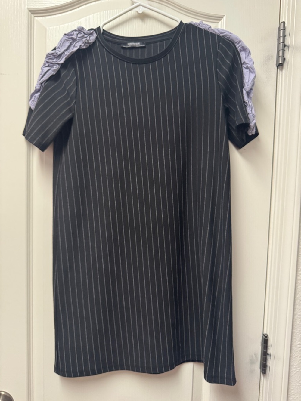 Pinstripe T-Shirt Dress with Lavender Ruffle Shoulders